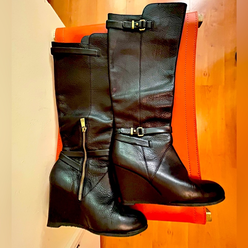 Coach Adair Tall Wedge Black Leather Boots,  Buckles, 5.5